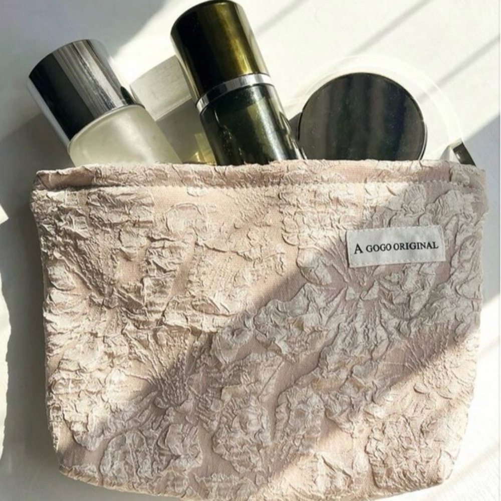 Textured Floral Print Makeup Bag Embossed, Jacquard-Style Floral Pattern Taupe - Picture 7 of 8